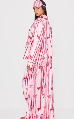 PrettyLittleThing Christmas Gifts*Stripe Bow Print Satin Long Pj Set