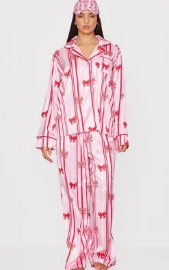 PrettyLittleThing Christmas Gifts*Stripe Bow Print Satin Long Pj Set