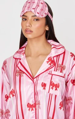 PrettyLittleThing Christmas Gifts*Stripe Bow Print Satin Long Pj Set