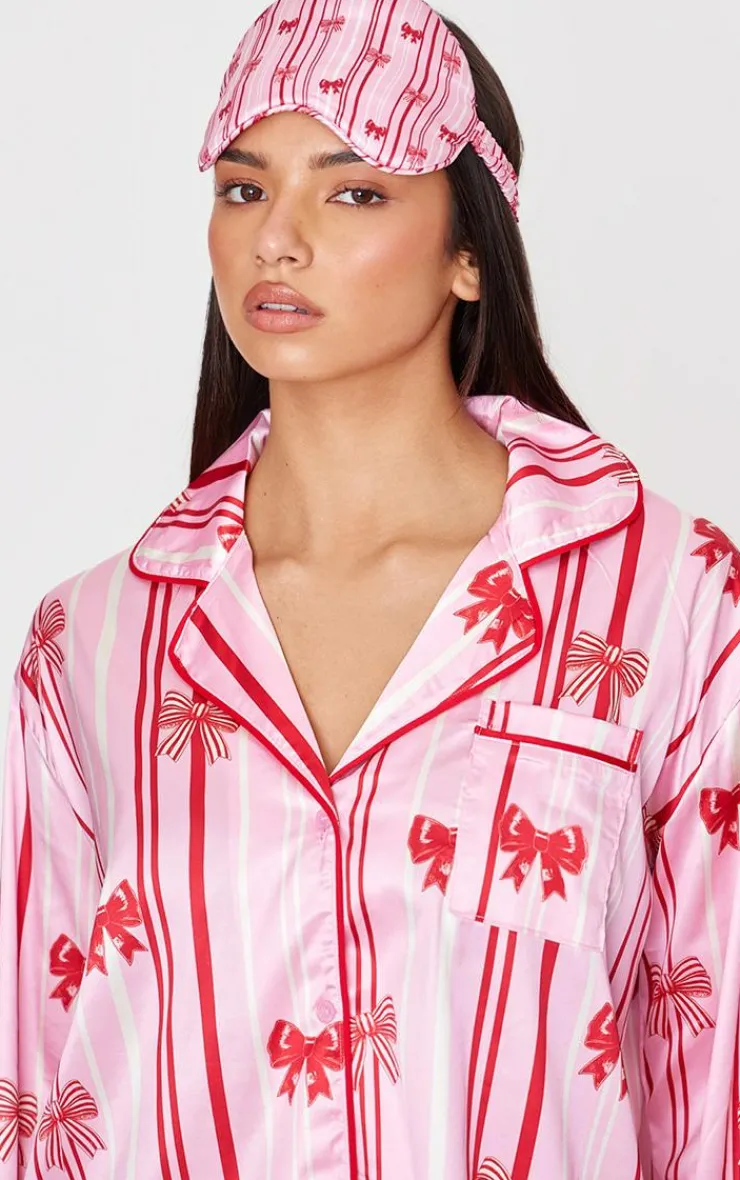 PrettyLittleThing Christmas Gifts*Stripe Bow Print Satin Long Pj Set