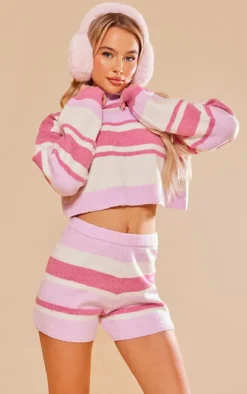 Outlet PrettyLittleThing Stripe Color Block Knit Cross Back Sweater & Shorts Pink