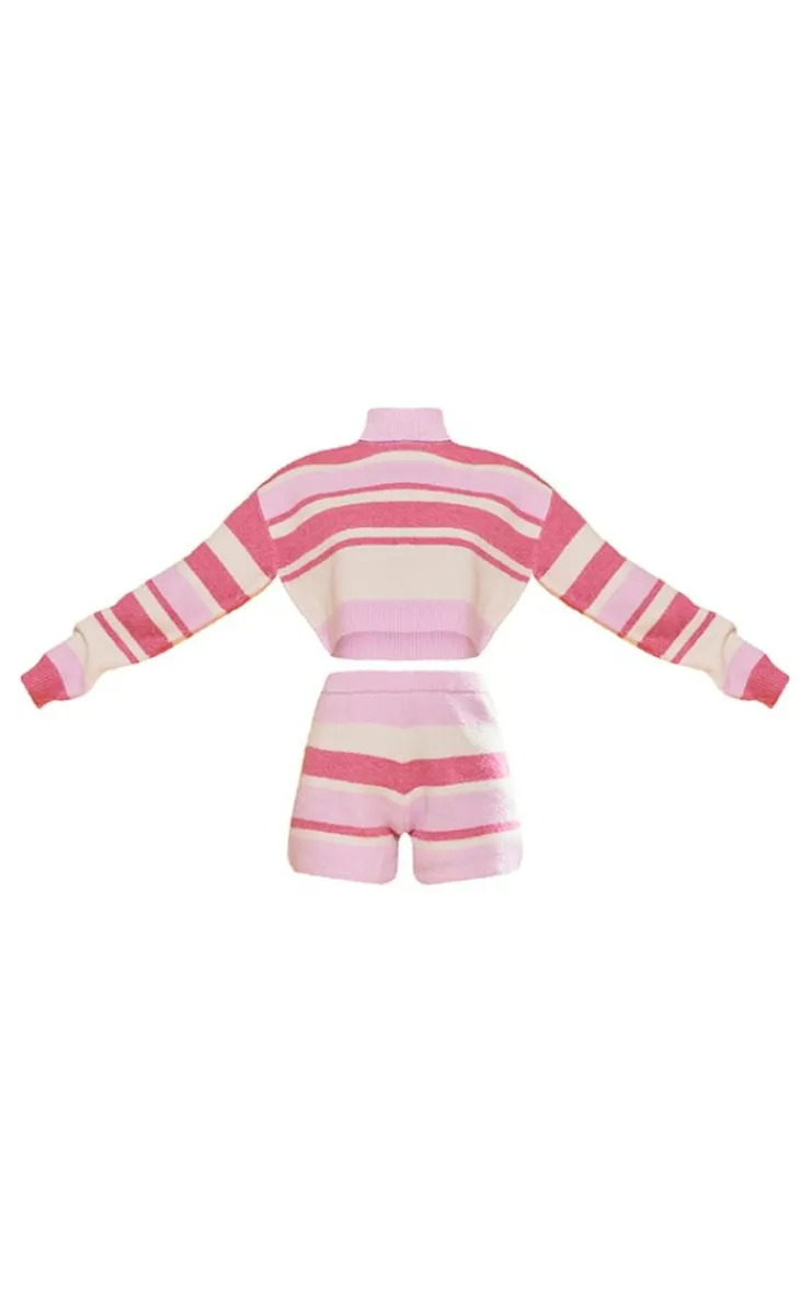 Outlet PrettyLittleThing Stripe Color Block Knit Cross Back Sweater & Shorts Pink