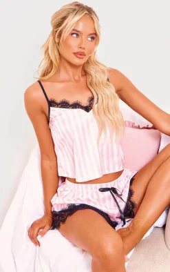 PrettyLittleThing Christmas Shop*Stripe Contrast Lace Satin Cami Short PJ Set