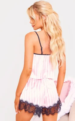PrettyLittleThing Christmas Shop*Stripe Contrast Lace Satin Cami Short PJ Set