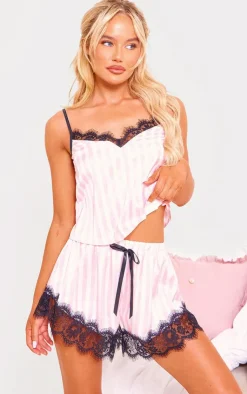 PrettyLittleThing Christmas Shop*Stripe Contrast Lace Satin Cami Short PJ Set