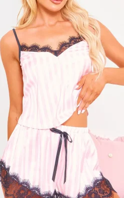 PrettyLittleThing Christmas Shop*Stripe Contrast Lace Satin Cami Short PJ Set
