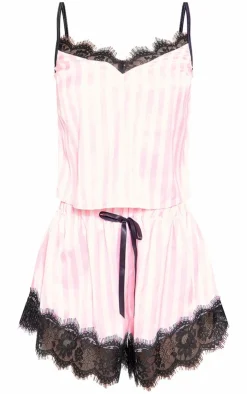 PrettyLittleThing Christmas Shop*Stripe Contrast Lace Satin Cami Short PJ Set