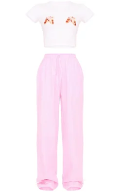 PrettyLittleThing Christmas Gifts*Stripe Croissant Bow Long Pant Lace Detail Set