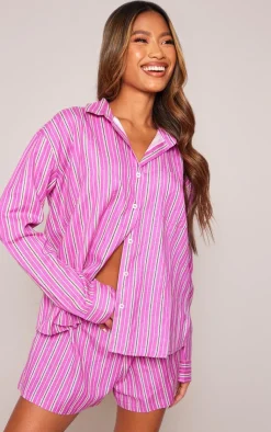 Hot PrettyLittleThing Stripe Linen Look Pocket Front Long Sleeve Oversized Shirt Pink