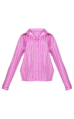Hot PrettyLittleThing Stripe Linen Look Pocket Front Long Sleeve Oversized Shirt Pink