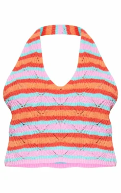 Clearance PrettyLittleThing Stripe Soft Knit Tie Neck Crop Top Pink