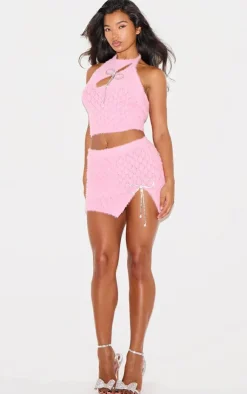Outlet PrettyLittleThing Textured Eyelash Knit Bow Trim Top Pink