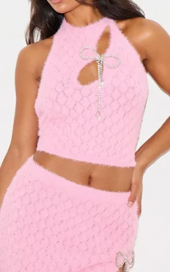 Outlet PrettyLittleThing Textured Eyelash Knit Bow Trim Top Pink
