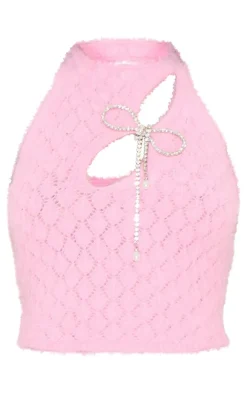 Outlet PrettyLittleThing Textured Eyelash Knit Bow Trim Top Pink