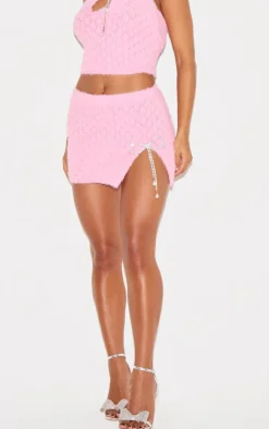Online PrettyLittleThing Textured Eyelash Knit Bow Trim Mini Skirt Pink