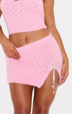 Online PrettyLittleThing Textured Eyelash Knit Bow Trim Mini Skirt Pink