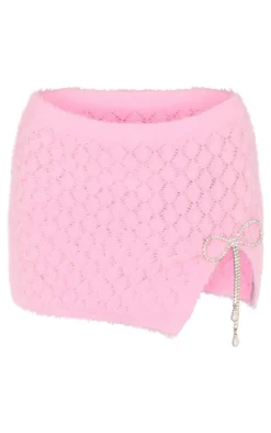 Online PrettyLittleThing Textured Eyelash Knit Bow Trim Mini Skirt Pink