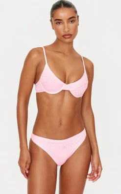 Pink Textured Floral High Leg Bikini Bottoms
