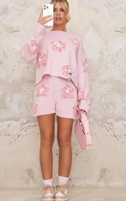 PrettyLittleThing Textured Flower Knitted Shorts Pink