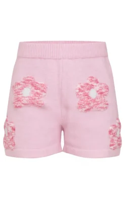 PrettyLittleThing Textured Flower Knitted Shorts Pink