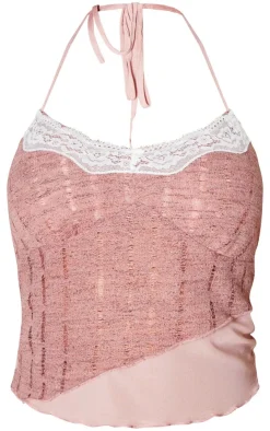 PrettyLittleThing Textured Lace Halterneck Long Top Pink