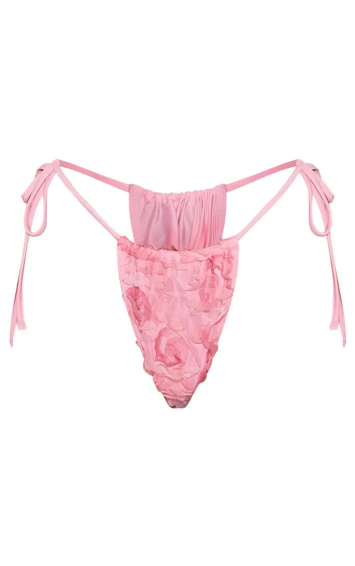 Pink Textured Mesh Tie Side Bikini Bottoms