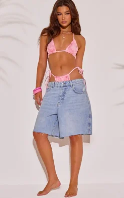 Pink Textured Mesh Triangle Bikini Top