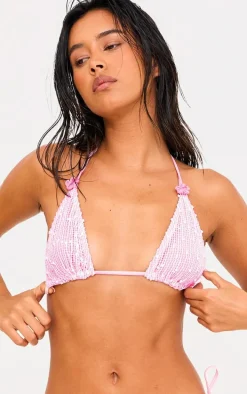 Pink Textured Overlay Triangle Bikini Top
