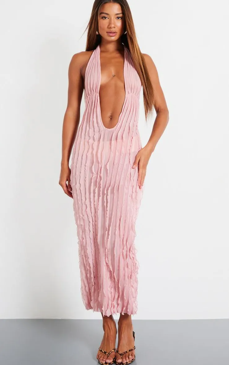 Textured Plunge Front Midi Dress-PrettyLittleThing Clearance