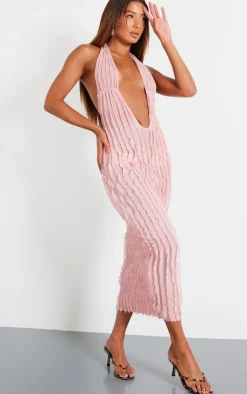 Textured Plunge Front Midi Dress-PrettyLittleThing Clearance
