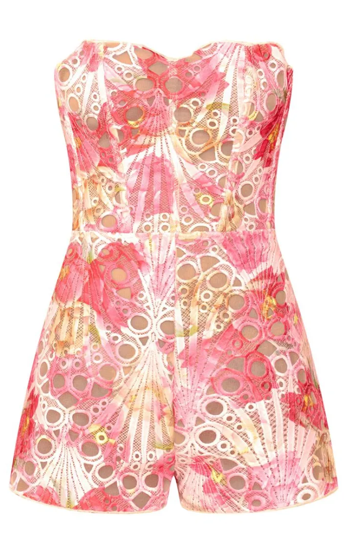 Pink Textured Sheer Floral Corset Romper