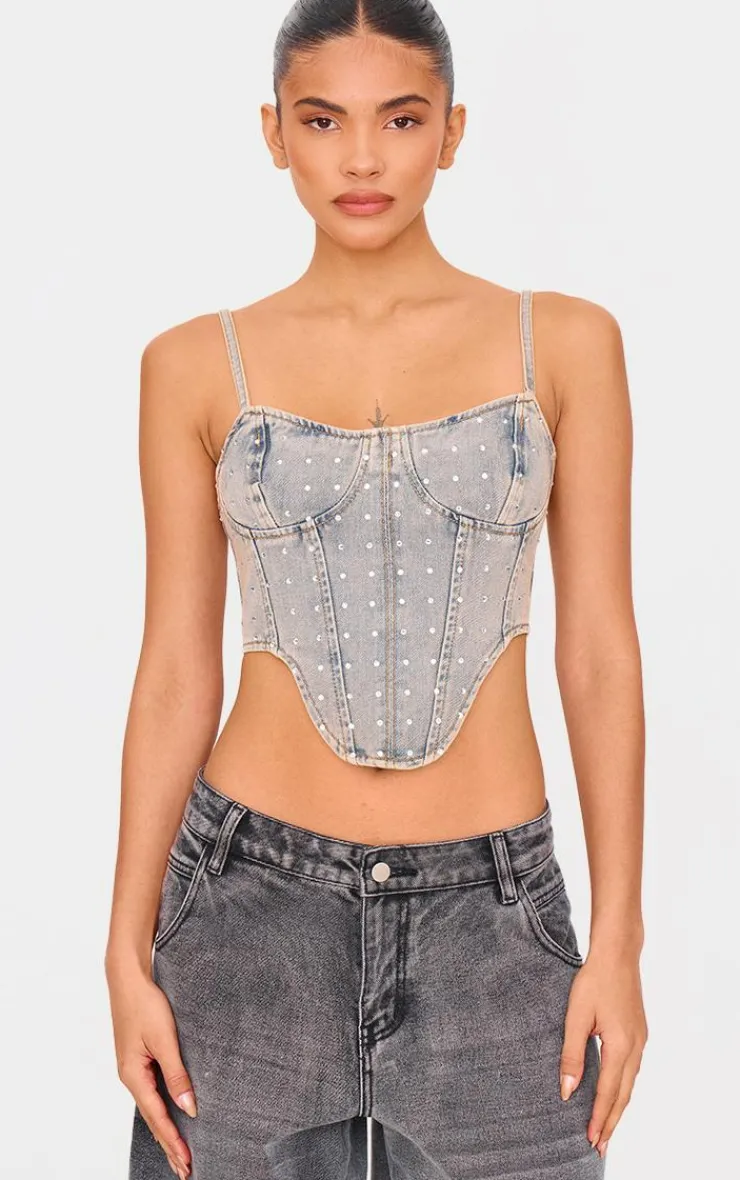 PrettyLittleThing Corsets*Pink Tint Diamante Detail Curved Hem Denim Corset Top