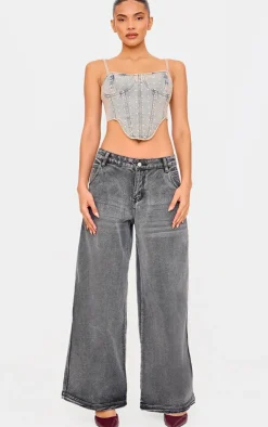 PrettyLittleThing Corsets*Pink Tint Diamante Detail Curved Hem Denim Corset Top