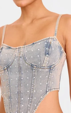 PrettyLittleThing Corsets*Pink Tint Diamante Detail Curved Hem Denim Corset Top