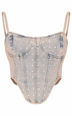 PrettyLittleThing Corsets*Pink Tint Diamante Detail Curved Hem Denim Corset Top