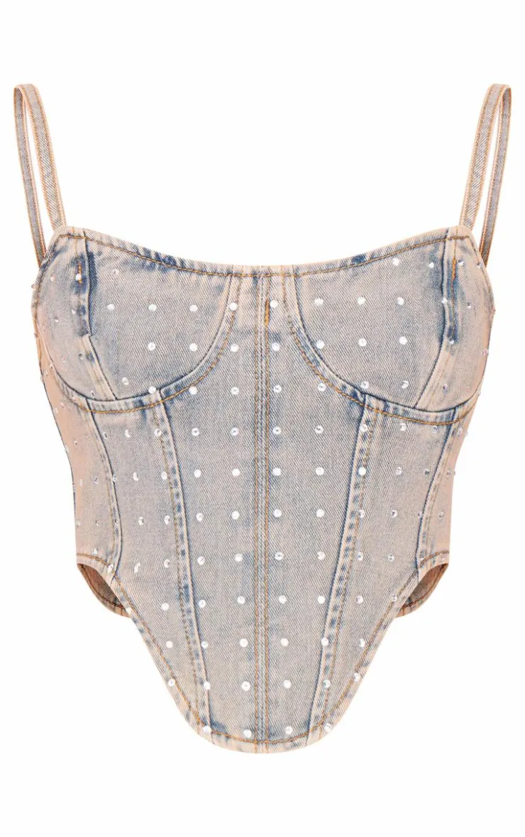 PrettyLittleThing Corsets*Pink Tint Diamante Detail Curved Hem Denim Corset Top
