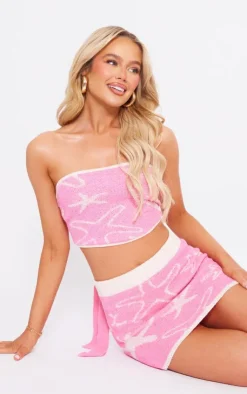 Outlet PrettyLittleThing Towel Knit Star Detail Tie Back Crop Top Pink