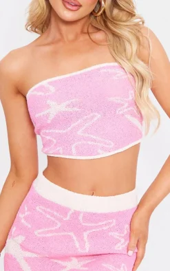 Outlet PrettyLittleThing Towel Knit Star Detail Tie Back Crop Top Pink