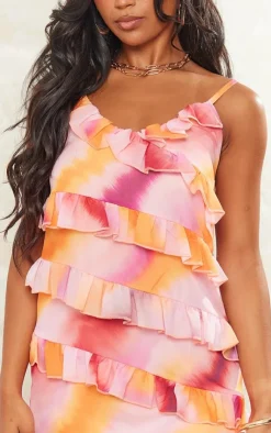 Watercolour Print Asymmetric Frill Strappy Shift Dress-PrettyLittleThing Best