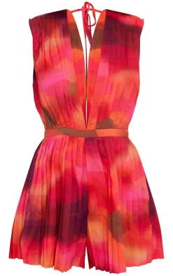 Wave Print Pleated Shoulder Pad Plunge Romper-PrettyLittleThing Outlet