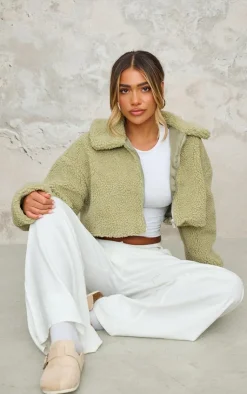 PrettyLittleThing Teddy Coats*Cropped Borg Zip Up Jacket