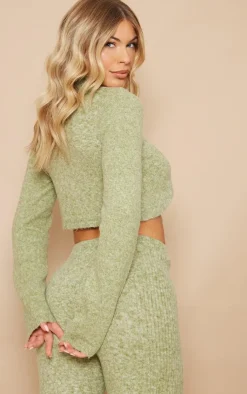 Discount PrettyLittleThing Luxe Knit Button Front Curved Crop Cardigan Pistachio