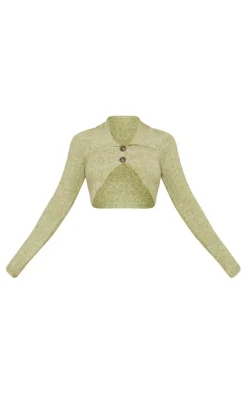 Discount PrettyLittleThing Luxe Knit Button Front Curved Crop Cardigan Pistachio
