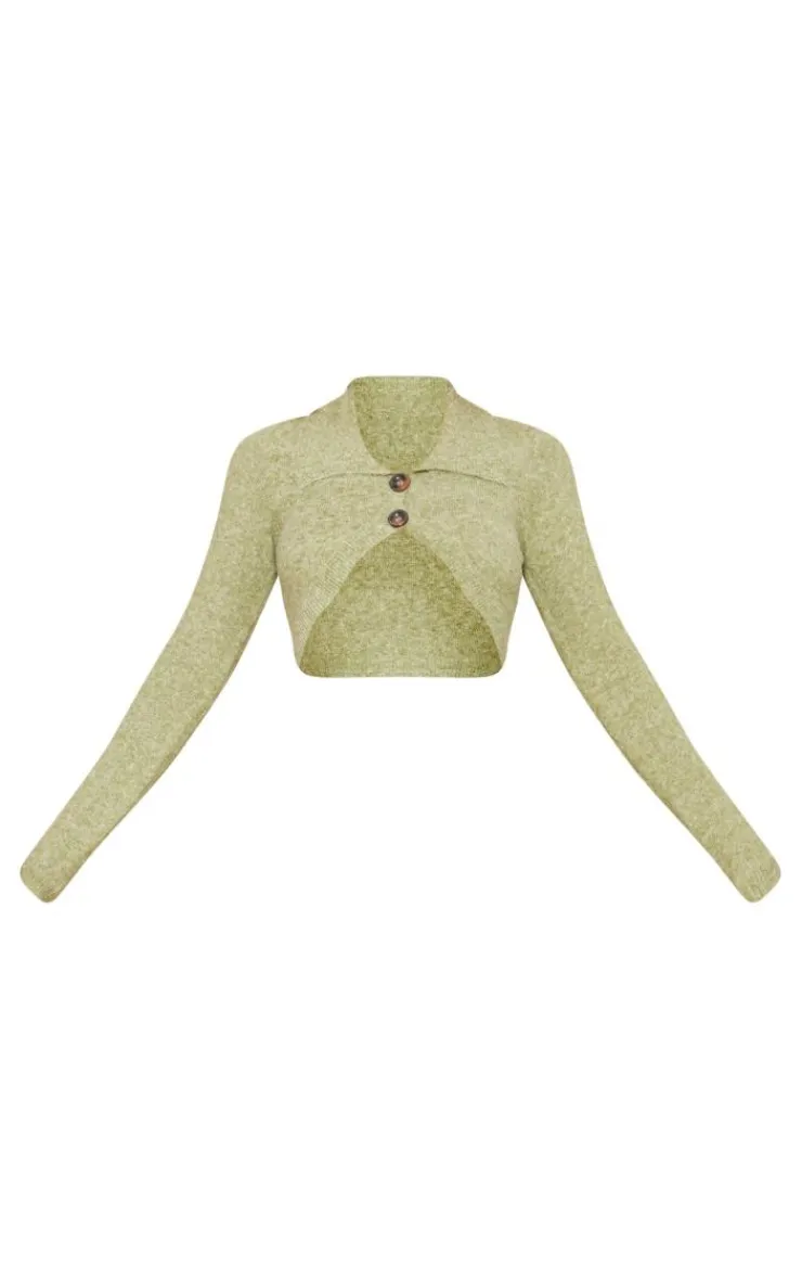 Discount PrettyLittleThing Luxe Knit Button Front Curved Crop Cardigan Pistachio