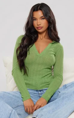 PrettyLittleThing Knitted Tops*Sheer Rib Knit V Neck Long Sleeve Top
