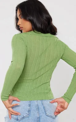 PrettyLittleThing Knitted Tops*Sheer Rib Knit V Neck Long Sleeve Top