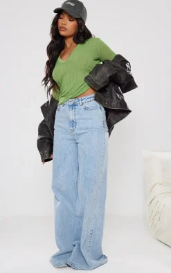 PrettyLittleThing Knitted Tops*Sheer Rib Knit V Neck Long Sleeve Top