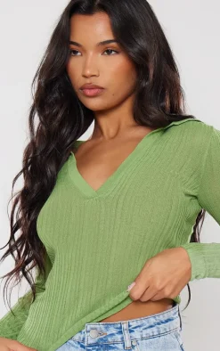 PrettyLittleThing Knitted Tops*Sheer Rib Knit V Neck Long Sleeve Top