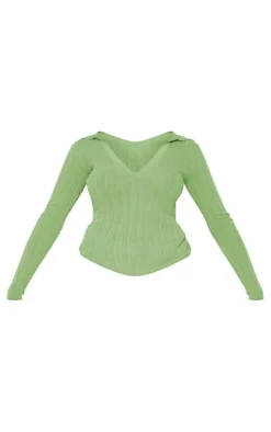 PrettyLittleThing Knitted Tops*Sheer Rib Knit V Neck Long Sleeve Top
