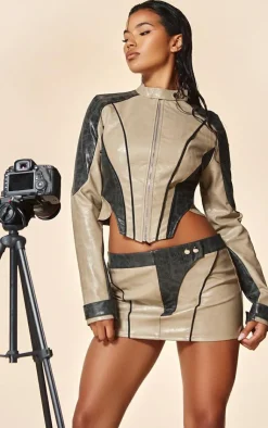 Sale PrettyLittleThing PLT Label Contrast Panel Detail Faux Leather Micro Mini Skirt Black